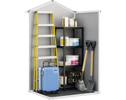 Șopron de grădină cu scară, raft, valiză și unelte de grădină