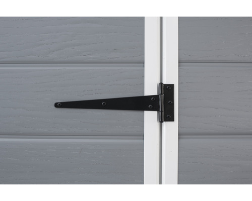 Feronerie neagră de balama în formă de T pe o ușă din lemn gri