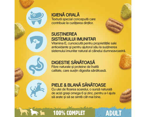 Informații despre igiena orală, susținerea sistemului imunitar, digestie sănătoasă, piele și blană sănătoase pentru hrană pentru câini adulți