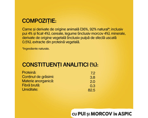 Compoziția și constituenții analitici ai hranei pentru animale de companie cu pui și morcov în aspic.