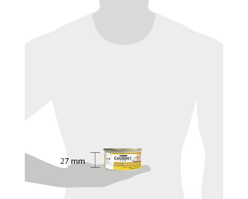 O cutie de mâncare pentru pisici Gourmet Gold cu o înălțime de 27 de milimetri.