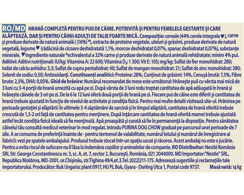 Informații despre hrana pentru câini, inclusiv ingrediente și informații nutriționale