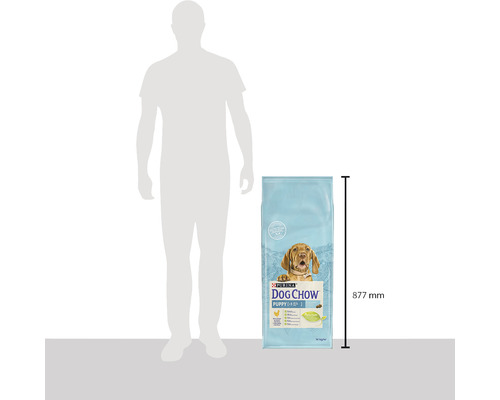 Sac cu hrană pentru căței Purina Dog Chow cu indicarea dimensiunii 877 milimetri