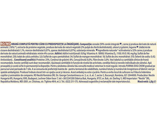 Informații nutriționale pentru hrană completă pentru câini Purina Dog Chow pentru câini cu predispoziție la îngrășare