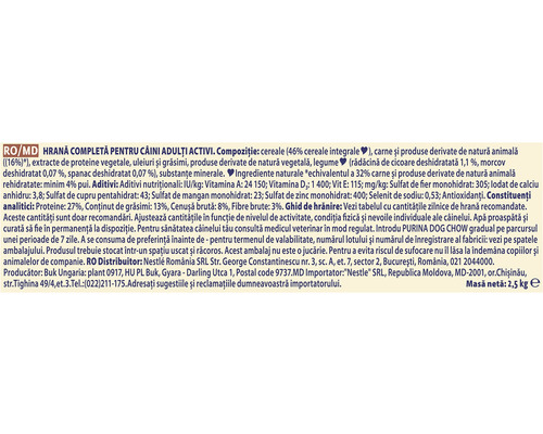 Informații despre hrana pentru câini adulți activi, inclusiv ingredientele și informațiile nutriționale.