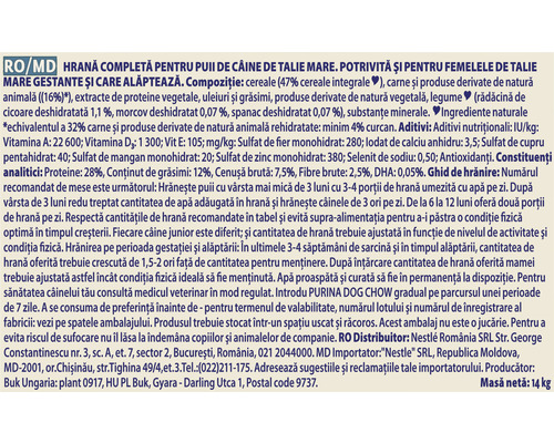 Informații despre compoziția hranei pentru câini de talie mare.