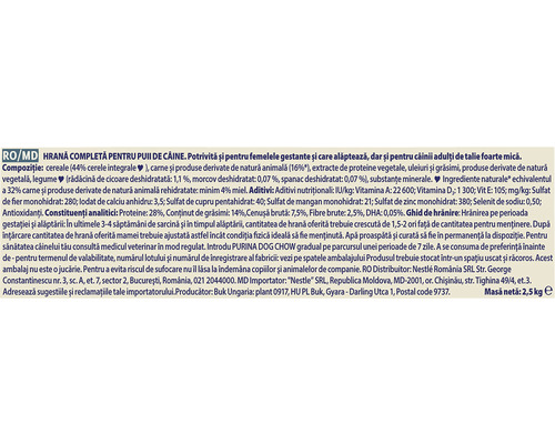 Informații despre hrana pentru câini pe ambalaj în limba română