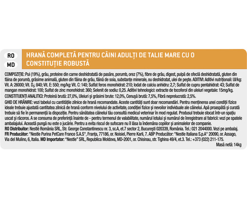 Informații despre ingredientele și valorile nutriționale ale hranei pentru câini