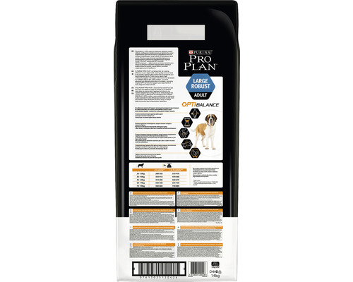 Spatele unui pachet de hrană pentru câini Pro Plan Large Robust Adult