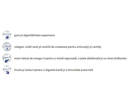 Informații despre produs privind carnea uscată, colagenul, uleiul de somon, fructele și ierburile pentru câini