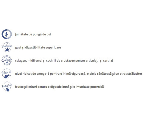 Informații despre pui, gust, digestie, colagen, midii verzi, crustacee, omega-3, sănătatea inimii, sănătatea pielii, blană, fructe și ierburi