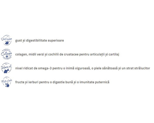 Simboluri și text care evidențiază beneficiile cărnii de pui uscate, colagenului, uleiului de somon, fructelor și ierburilor