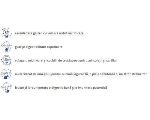 Informații despre cereale fără gluten, gust și digestibilitate îmbunătățite, colagen, acizi grași omega-3, fructe și ierburi.