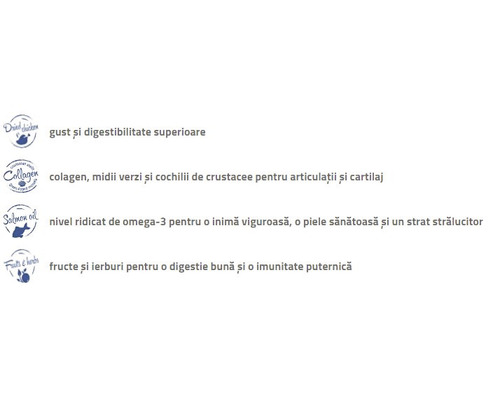 Simboluri pentru pui deshidratat, colagen, ulei de somon, fructe și ierburi