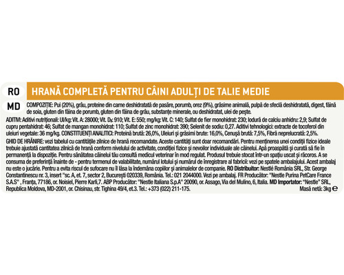 Informații despre compoziția hranei pentru câini adulți de talie medie