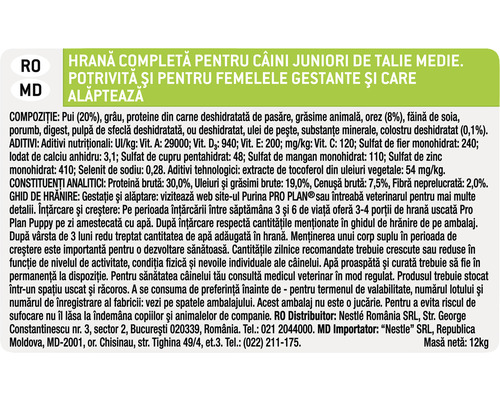 Informații despre hrana pentru câini juniori de talie medie, potrivită pentru femelele gestante și care alăptează.