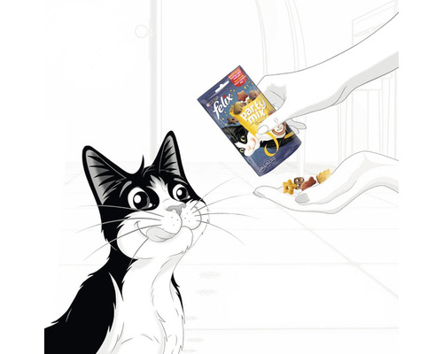 Ilustrație cu o pisică ce privește o mână cu gustări pentru pisici și un pachet Felix Party Mix