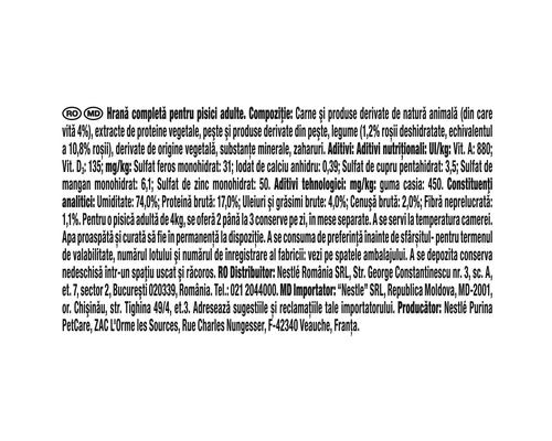 Informații despre compoziția hranei pentru pisici adulte