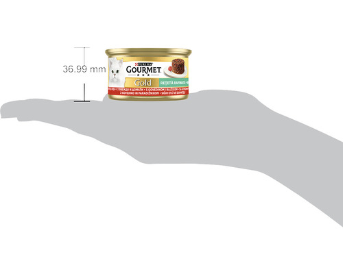 Conservă hrană pisici Purina Gourmet Gold într-o mână cu indicarea dimensiunii de 36.99 milimetri