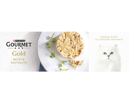 Mâncare pentru pisici Purina Gourmet Gold și o pisică albă