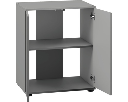 Dulap inferior gri cu două rafturi și o ușă deschisă