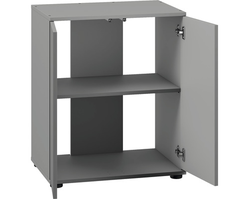 Dulap inferior gri cu două rafturi și o ușă deschisă