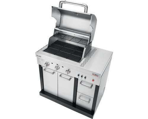 Grătar pe gaz cu capac deschis, grătar și compartimente de dulap