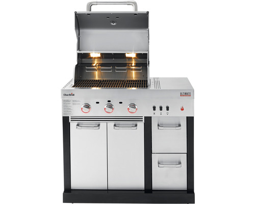 Grătar pe gaz Char-Broil Ultimate cu capac deschis, grătar, butoane de control, uși de dulap și sertare