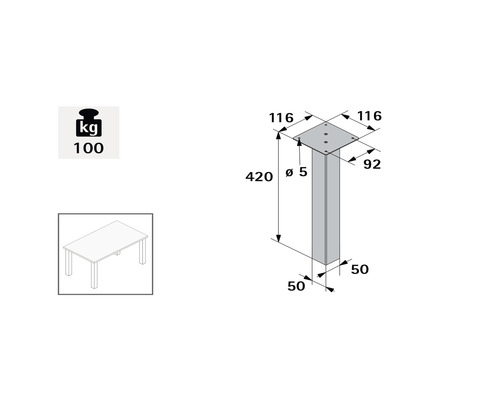 Desen tehnic al unui picior de masă cu dimensiuni și capacitate portantă de 100 de kilograme