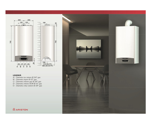 Centrală termică Ariston cu dimensiuni și exemplu de instalare