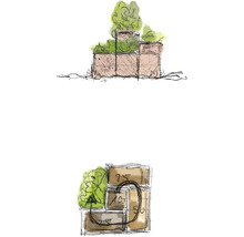 Ilustrație cu un zid cu plante și diferite indicații de preț