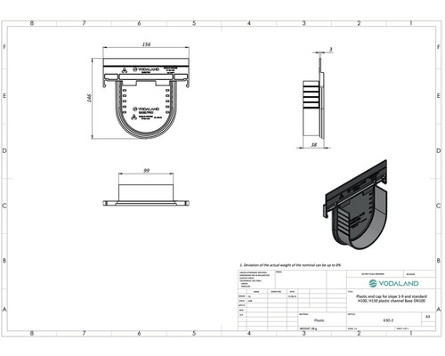 Desen tehnic al unui capac terminal din plastic pentru jgheaburi din plastic înclinate și standard