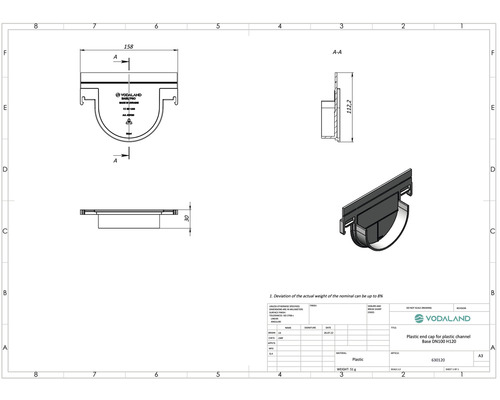 Desen tehnic al unui capac terminal din plastic pentru canal din plastic Base DN300 H120 cu dimensiuni.