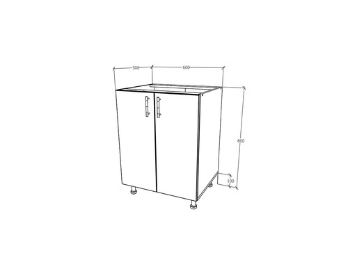 Schiță a unui dulap inferior cu dimensiunile 500 x 600 x 800 milimetri.
