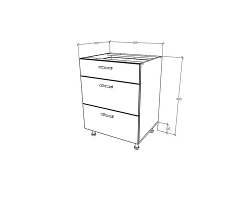 Desen al unui dulap inferior cu trei sertare și dimensiunile de 500, 600 și 800 mm