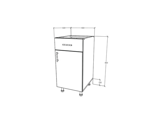 Desen tehnic al unui corp inferior cu sertar, dimensiuni: 500 x 400 x 800 mm