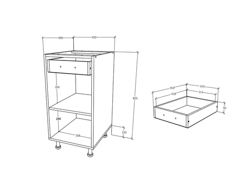 Desen cu un dulap inferior de bucătărie cu sertar și raft, inclusiv dimensiuni