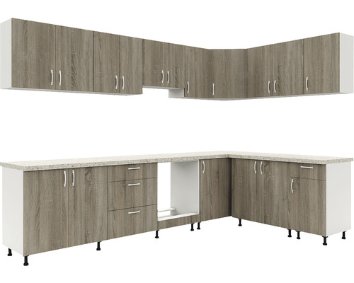 Bucătărie de colț completă cu dulapuri superioare și inferioare în design modern