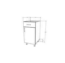 Desen al unui dulap de bază cu sertar și ușă, înălțime 800 mm, adâncime 500 mm, lățime 400 mm