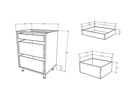 Desen tehnic al unui dulap inferior cu sertare și dimensiuni