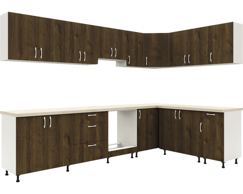 Linie de bucătărie completă cu corpuri superioare și inferioare cu aspect de lemn