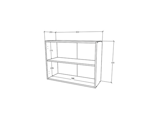 Desen tehnic al unui raft cu două polițe și dimensiuni.
