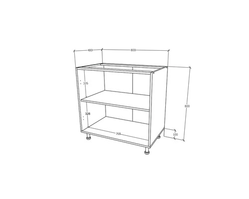 Desen tehnic al unui dulap inferior cu dimensiunile 800x800x480 mm