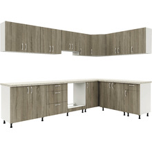 Linie de bucătărie completă cu dulapuri superioare și inferioare într-un design modern