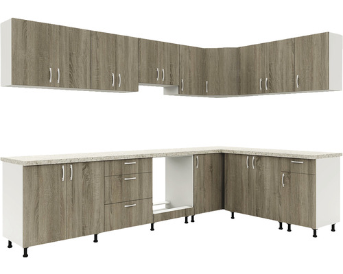 Linie de bucătărie completă cu dulapuri superioare și inferioare într-un design modern