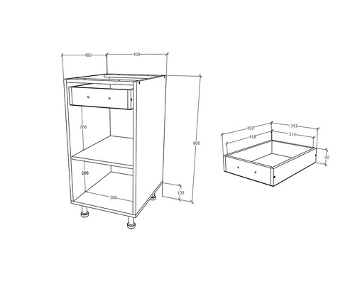Desen tehnic al unui dulap inferior cu sertar și raft, inclusiv dimensiuni