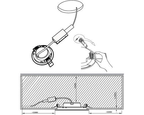 Ilustrație a unui spot LED încastrat cu instrucțiuni de montaj și dimensiuni pentru instalare