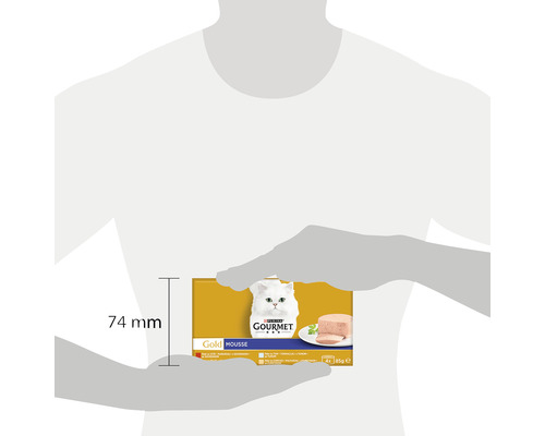 Gourmet Gold Mousse dimensiunea pachetului de hrană pentru pisici cu dimensiunea de 74 mm