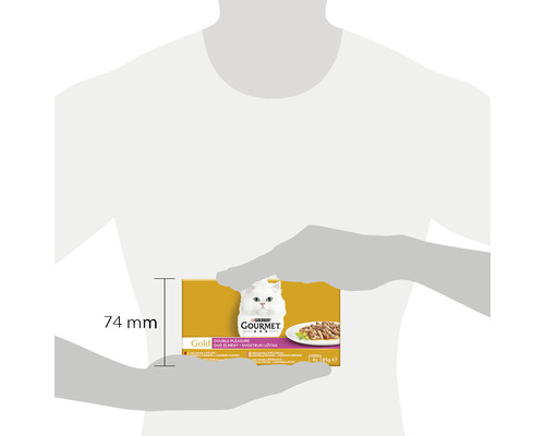 Imagine măsurată a unui pachet de hrană pentru pisici Gourmet Gold Double Pleasure cu o înălțime de 74 milimetri.