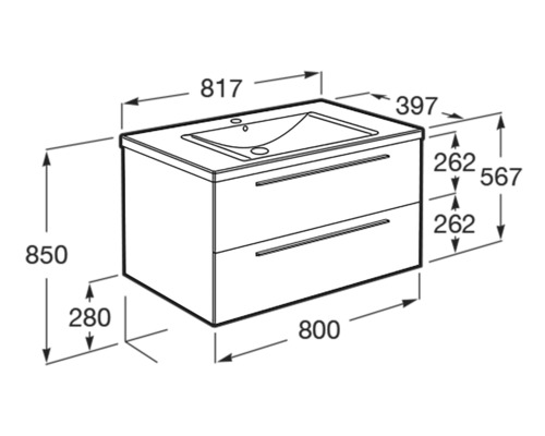 Desen tehnic al unui dulap de bază pentru lavoar cu dimensiuni